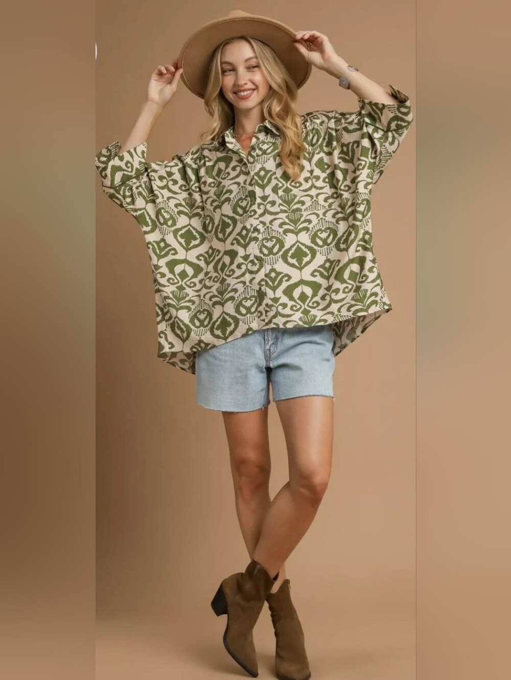 Umgee Boho Oversized High Low Hem Olive Green & White Printed Button-Up Blouse